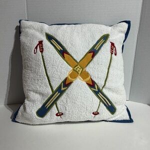 Blue White Fleece Ski Poles Square 18x18” Throw Pillow Mountain Cabin Decor NEW